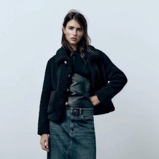 Cappotto orsacchiotto ZARA nero sherpa pile sfocato finto shearling tasche a scatto piccolo