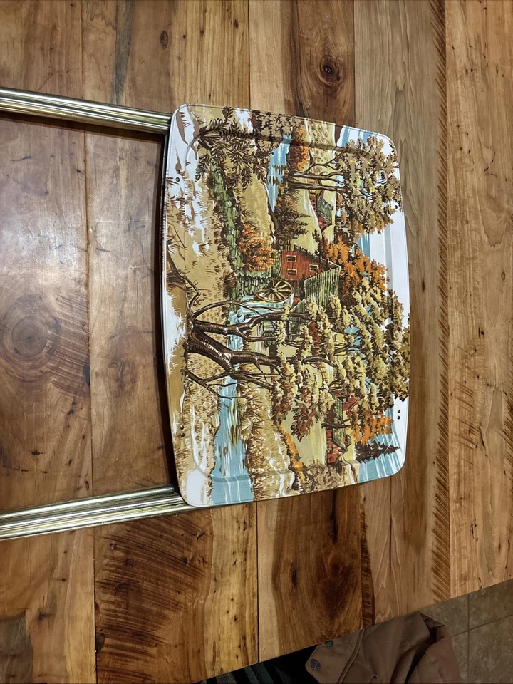 MCM Vintage Folding TV Tray Tables ca. 1970, Scenic Trays, Gold Legs Set of 2 - Image 2 of 4