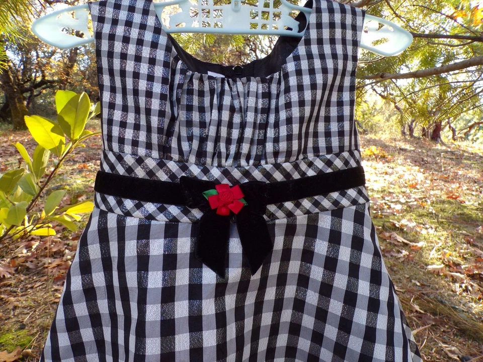 Vestido de vacaciones negro y plata a cuadros rojo roseta faja sin mangas Bonnie Jean 2T Foto 3 de 4