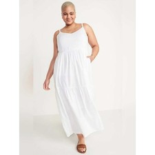 Old Navy Cami Tiered Midi Dress Women XL White Boho Coastal Pockets Cotton Blend