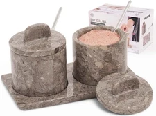 Marble Salt Cellar Set w/ Tray, Lid & Spoon, Oceanic Blue, Spice Sugar Jars