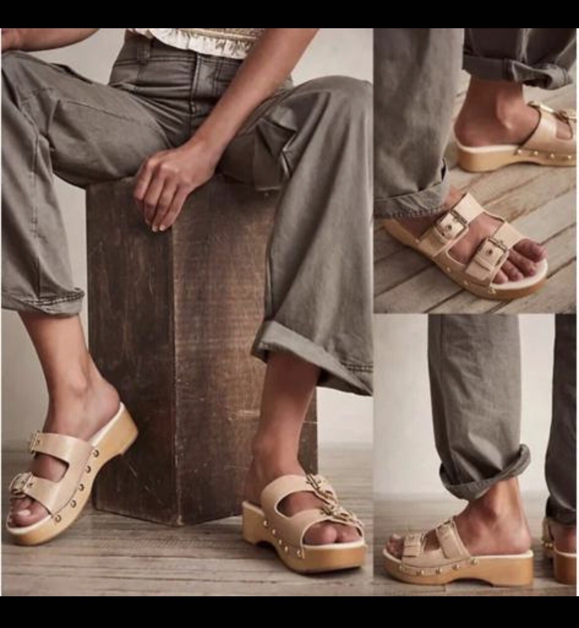 Free People Fiona Cream Croc Buckle Stud Accent Wooden Cushioned Clogs Size US 8