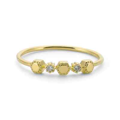 Thin 14k Real Solid Gold Small Diamond Stacking Hexagon Ring