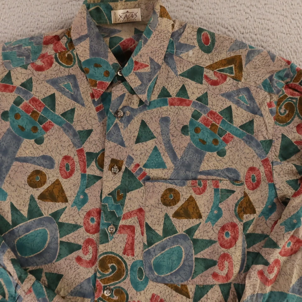 Xacus Shirt Mens M Green Geometric 100% Cotton Made in Italy Button Up 90s - Image 3 of 4