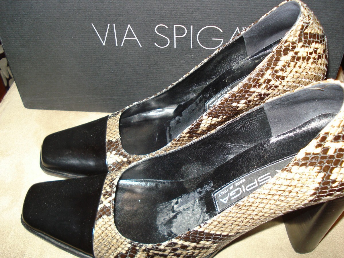 Escarpins Via Spiga En Cuir Noir Et Imprimé Léopard - Taille 6 US - Talons Hauts Carrés - Occasion
