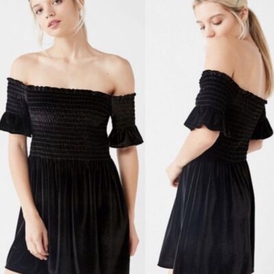 Adorable Urban Outfitters UO Clara Off-The-Shoulder Black Smocked Velvet Dress M