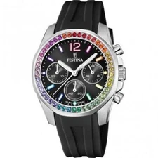 FESTINA F20610/3 Ladies S/Steel Multi Colour CZ Bezel Chrono On Rubber Strap