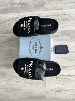 Prada Black Sequin White Logo Slide Sandal Slip On Pool Flip Flop