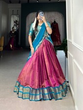 Latest Kanchipuram Pink Lehenga Choli With Sky Blue Dupatta For Traditional Wear