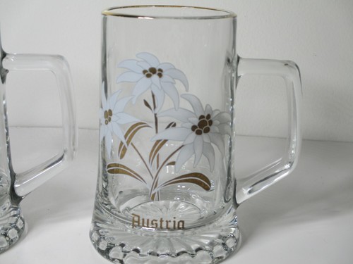 UNIQUE BEER MUGS HEAVY CLEAR GLASS AUSTRIA AND FLOWERS ON MUG GOLD RING GERMANY - Picture 2 of 11
