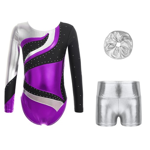 Kids Girls Outfit Metallic Set Rhinestones Dancewear Shiny Round Neckline Dance - Picture 27 of 53