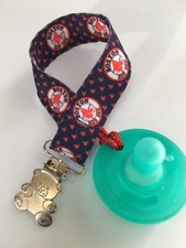 Handmade Pacifier Holder made with Boston Red Sox Ribbon clip strap, binky leash