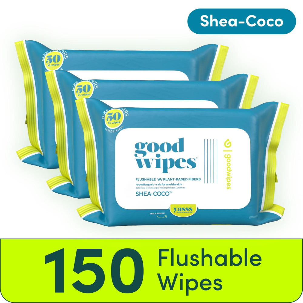 Flushable Butt Wipes, Plant Based, Shea-Coco Scented, 3 Pack (50 count)