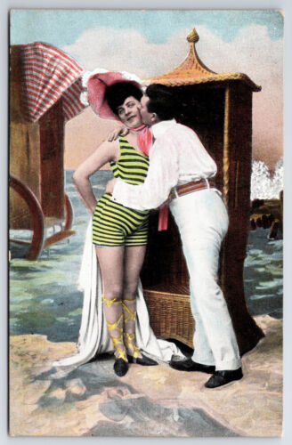 Vintage Antique C1910 Striped Bathing Suit Postcard - Afbeelding 1 van 2