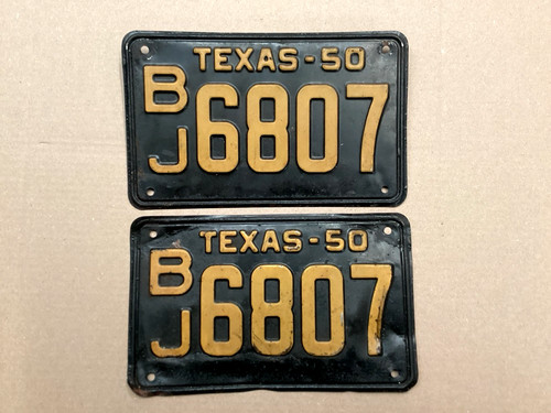 VINTAGE 1950 TEXAS LICENSE PLATE SET BJ 6807