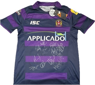 Signiertes Wigan Warriors Rugby Super League Auswärtstrikot 2013 Trikot lila Oberteil Small