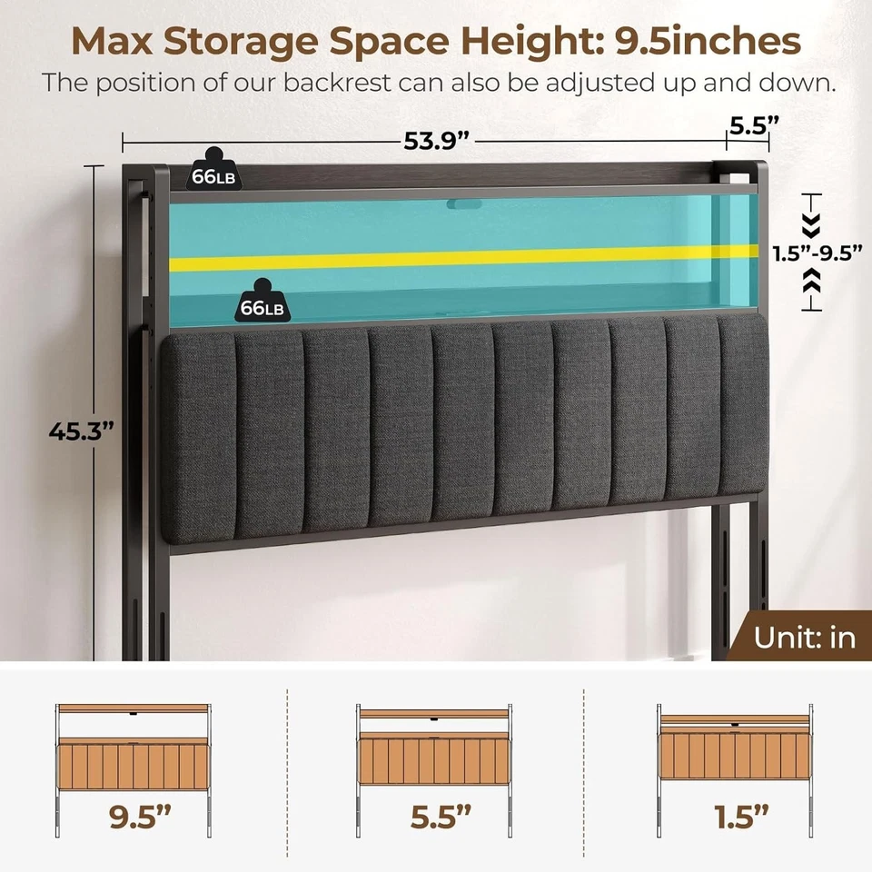 Полноразмерное изголовье кровати льняное с обивкой с местом для хранения и светодиодной подсветкой, регулируемое... - Изображение 3 из 4