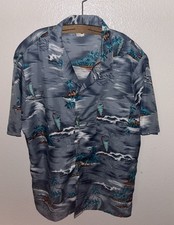 Vtg Islander Hawaiian Shirt Adult Large Light Blue Luau Palm Trees Waves Island
