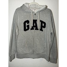 GAP Men  s Full Zip Hoodie Size M Gray Logo Arch Letter Fleece Lined Sweatshirt