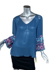 Figueroa  Flower Women  s Small Blouse Teal Blue Embroidered Shirt Boho Top NEW