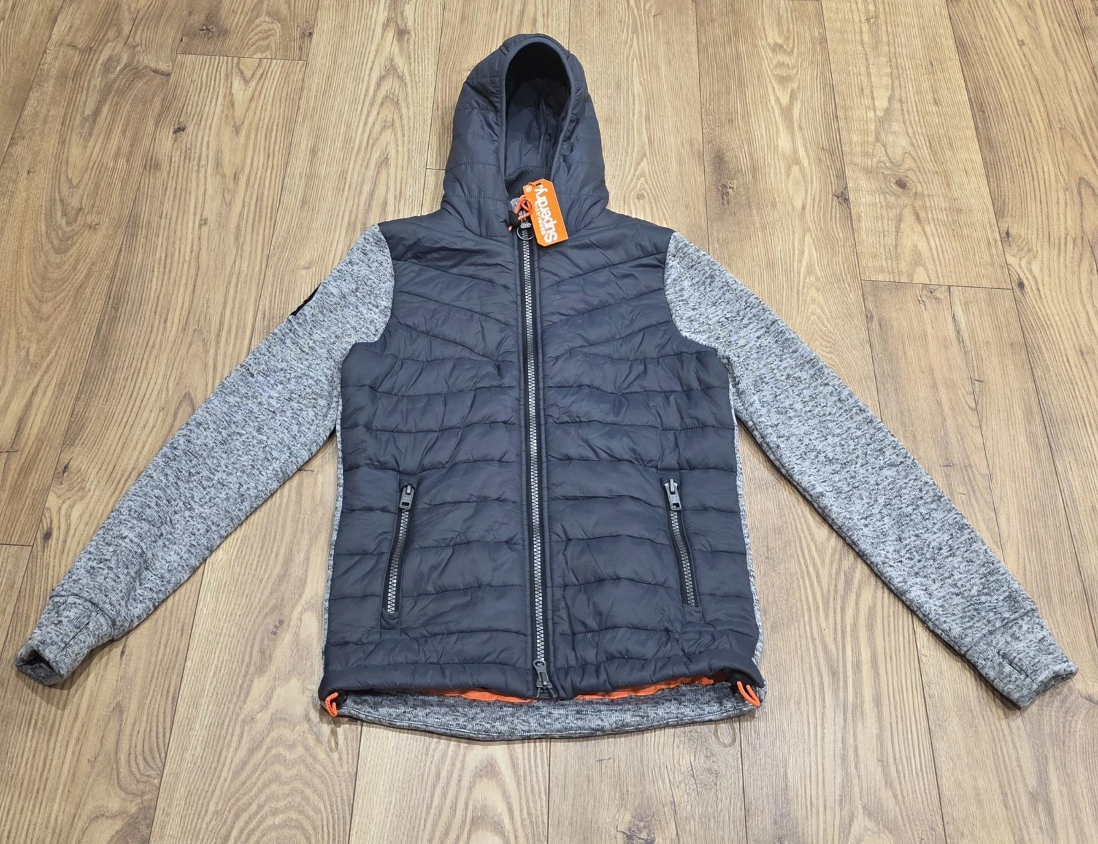 Superdry Storm Hybrid Jacket Size Small Grey Orange Quilted Hooded NEW WITH TAGS
