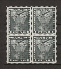 Chile 1934 Sc# C39 Airmail Plane Airplane over globe 1p block 4 MNH