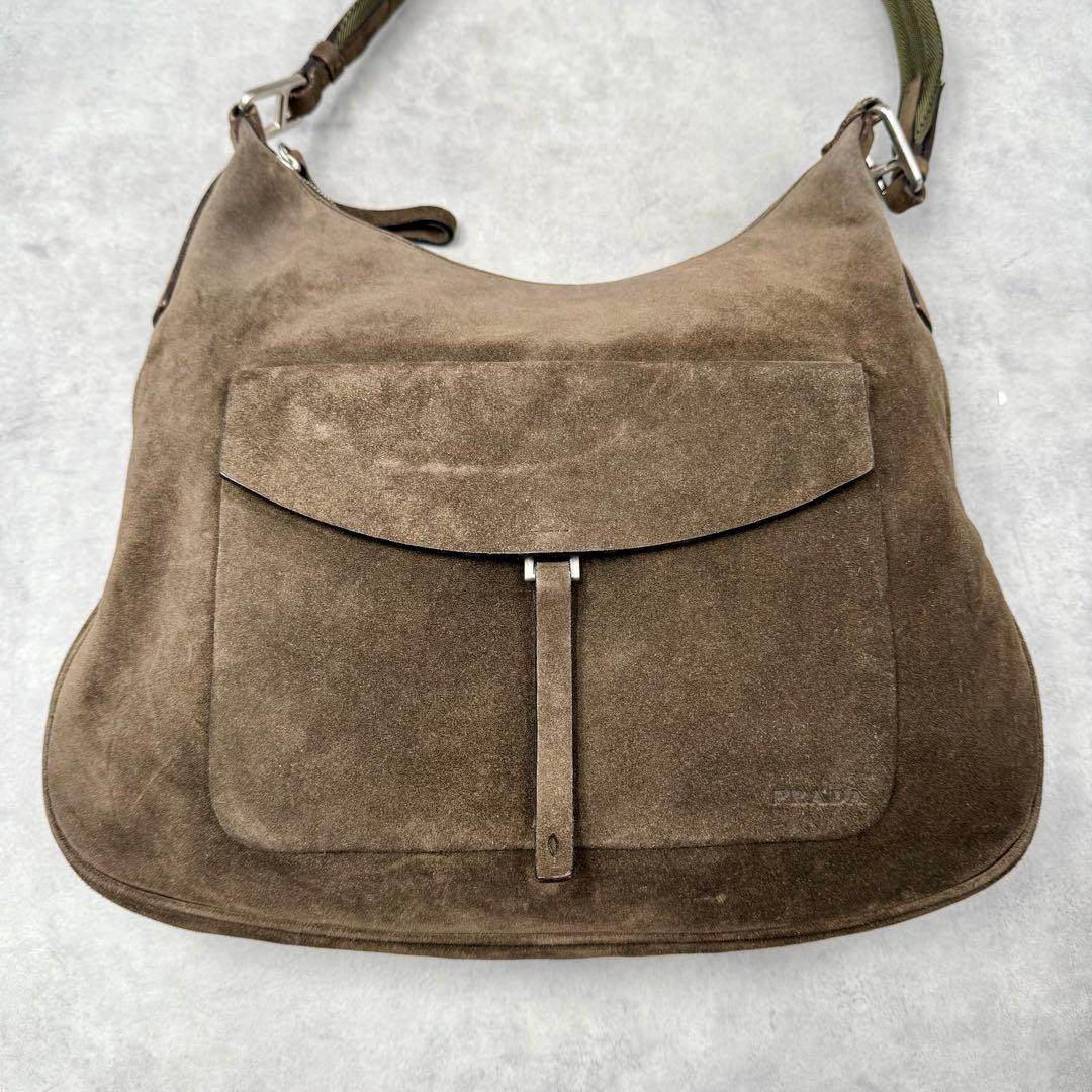PRADA Shoulder Bag Khaki Brown Suede Women Y2K vintage Handbag Logo embossed JPN thumbnail 2
