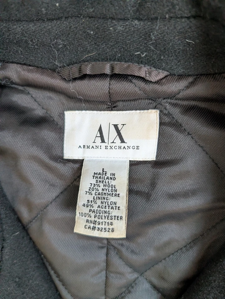 Armani Exchange Peacoat Men's Size Large Black Wool Cashmere Blend Jacket Pea - Image 2 of 4