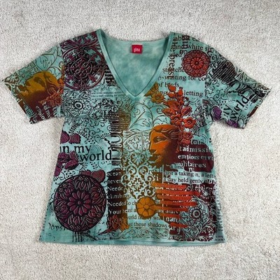 Y2K Glima Renaissance Graphic V-Neck Top Artsy colorful Tee