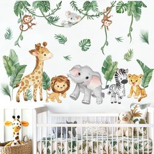 Jungle Animals Tropical Leaves Wall Stickers Safari Lion Giraffe Elephant Pee...