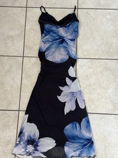 SHEIN Petite XS Black Blue White Floral Mesh Bodycon Maxi Dress Square Neck