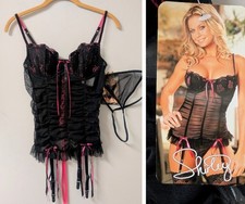 Shirley Of Hollywood Black Mesh Hot Pink Corset Bustier Garters  Thong 34