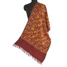 Sanskriti Vintage Long Pure Woolen Dark Red Shawl Handmade Ari Work Scarf Stole