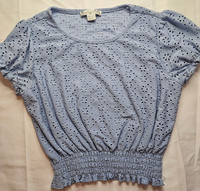 Knit Works Girls Blue Cropped Short Sleeve Floral Cut Out Top Size XL 16