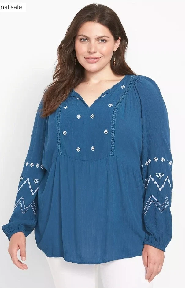 NWT Lane Bryant Classic Split Neck Teal Embroidered Peasant Top Size 18