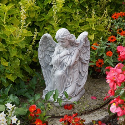 Sitzender Engel Statue Aus Steinguss | 36 Cm Hoch, 12 Kg | Frostsichere Gartenfigur Für Außenbereich