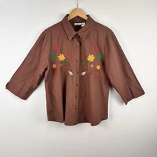 Vtg Collections Etc Shirt Button Up Brown 3/4 Sleeve Fall Leaf Embroidered 90s L