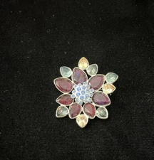 Silver Multi Colored Stone Flower Necklace Pendant  Or Brooch