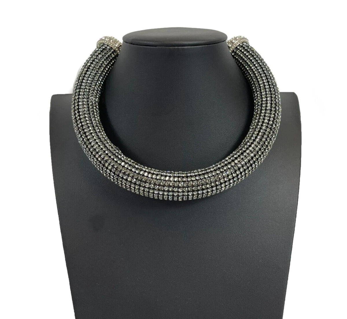 Chanel Brand New Silver 5 Crystal Charms Gunmetal Chain Choker