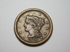 OLD US  COINS  1856  BRAIDED HAIR LARGE CENT SLANTED 5