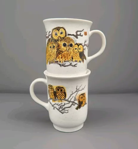 VTG Set Of 2 Speckled Stoneware Owls On Branch Coffee Mugs Cups Bell Shaped 4¼"