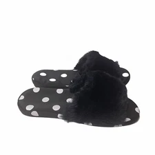 INC Size 5-6 S Small Black Faux Fur Slides Slippers White Polka Dot Cozy House