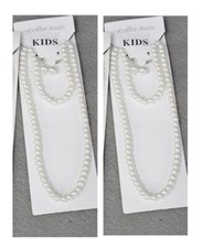 Kids Girls Set 2 White Faux Pearl Girls Necklace Earrings and Bracelet Set