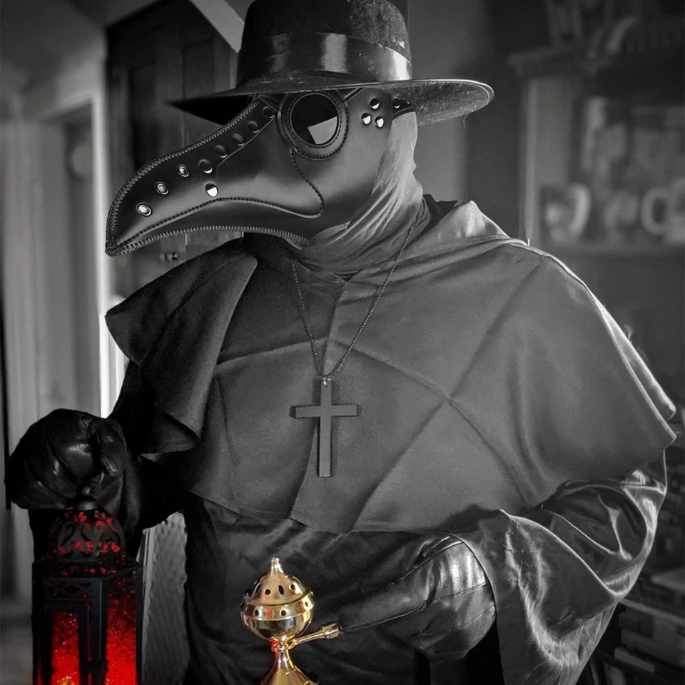 Máscara de cuero negra para médico peste nariz larga pájaro pico plaga steampunk Halloween Foto 3 de 4