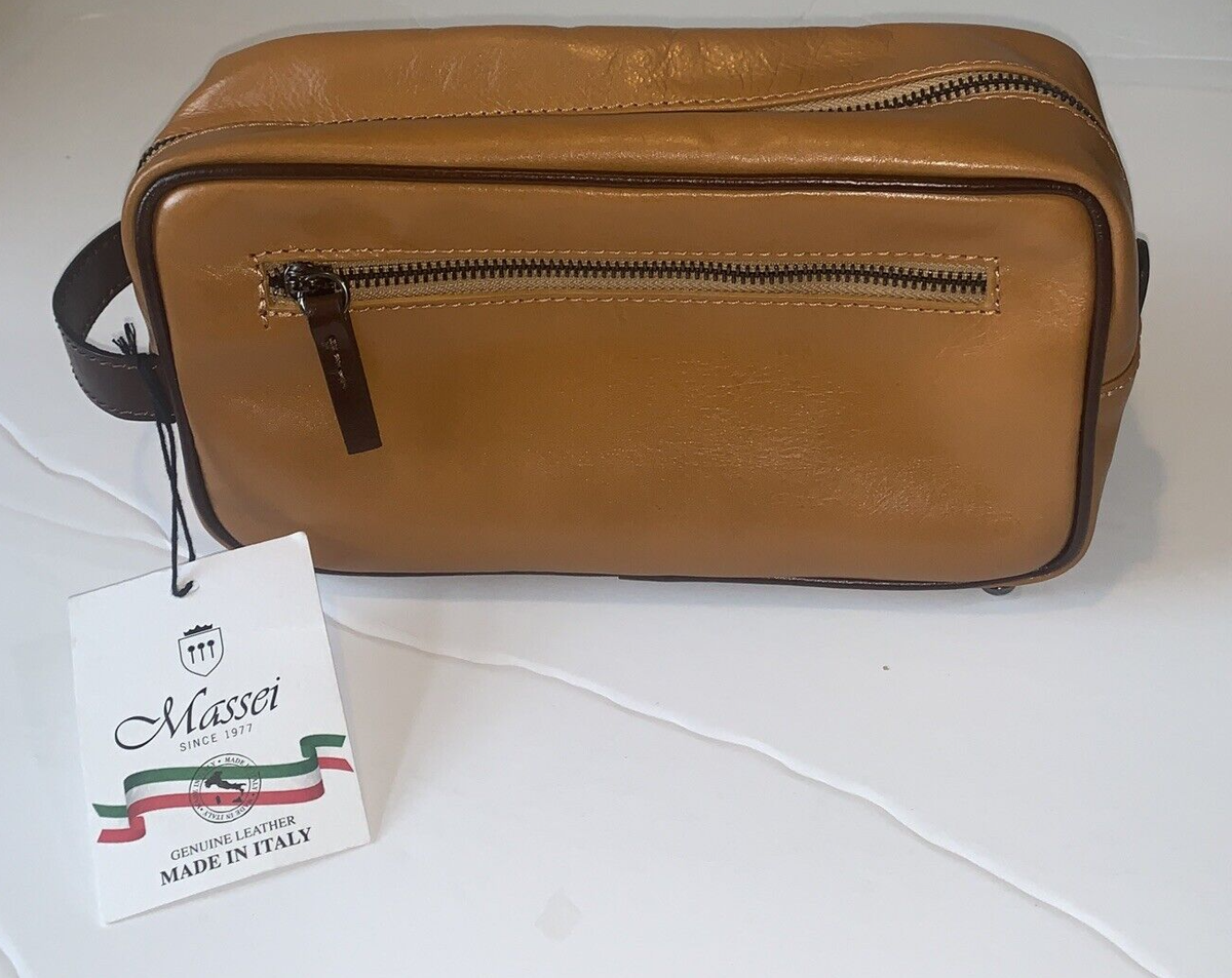 NWT Massei Brown Leather Zip Men's Toiletry Bag Made In Italy | eBay