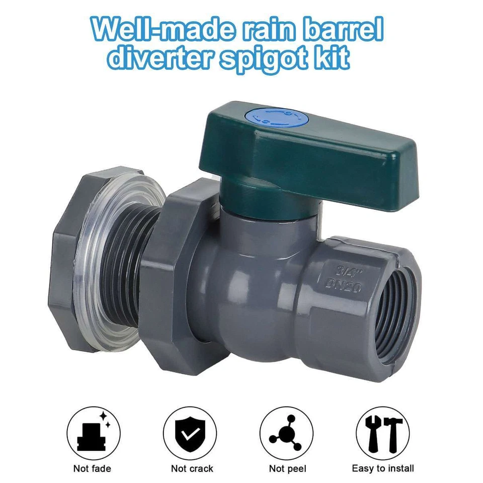 Kit de desviador de barril de lluvia de PVC de 3/4 pulgadas Válvula de barril de lluvia Kit de grifo de barril de lluvia Foto 3 de 4