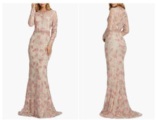 MAC DUGGAL 79281 FLORAL EMBROIDERED LONG SLEEVE TRUMPET NUDE ROSE  GOWN sz 10