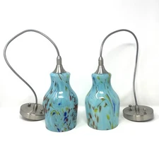 Pair of Hampton Bay Murano Style Art Glass Pendant Light Lamp Fixture Aqua