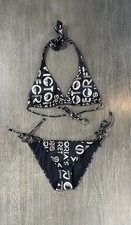 Victoria  s Secret Swimsuit Bikini Set Black Silver Foil Logo L/M NWOT