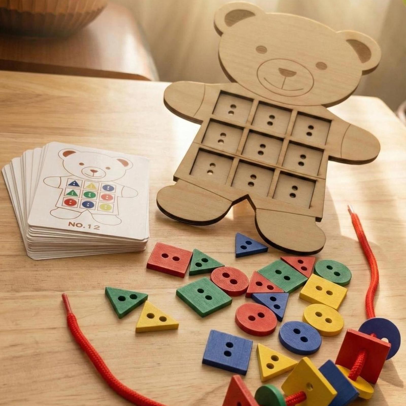 Montessori Holz Bär Knopf Spielzeug Einfädeln Schnürung Puzzle Muster Sortierspiel